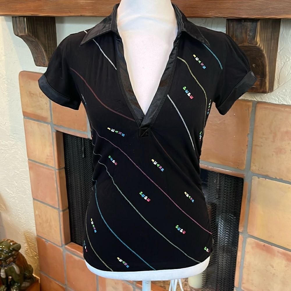 Pepe Jeans London Black Y2K Style Side Scrunch Satin Collared Shirt, M!